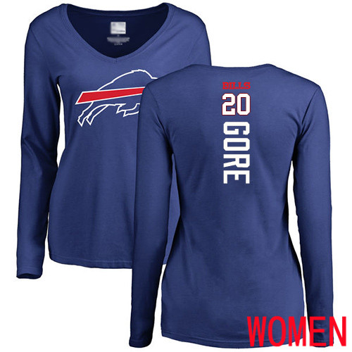 NFL Women Buffalo Bills #20 Frank Gore Royal Blue Backer Long Sleeve T Shirt